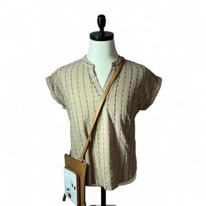 Fifty Street Striped V Neck Blouse‎ Boho Chic Button Back Top Casual Relaxed Fit